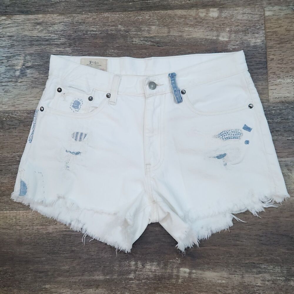 Polo Ralph Lauren Shorts Womens 26 White  Japanese  Distressed Stitch Sashiko
